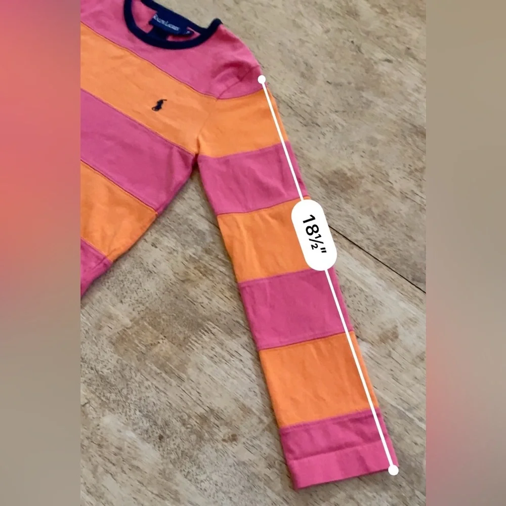 Ralph Lauren Girls’ Sz S Pink/Orange Stripe Crewneck Rugby Style Long Sleeve Top